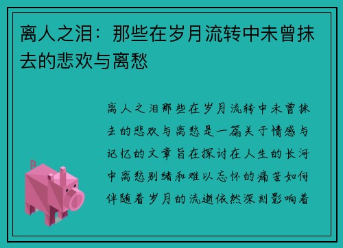离人之泪：那些在岁月流转中未曾抹去的悲欢与离愁